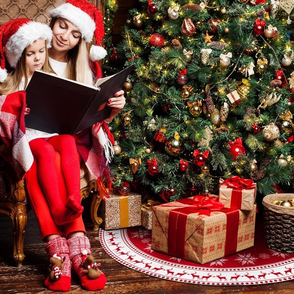 Christmas Tree Skirt 48 inch Tree Skirt Large Snowflake Reindeer Red Tree Skirt - Picture 8 of 11